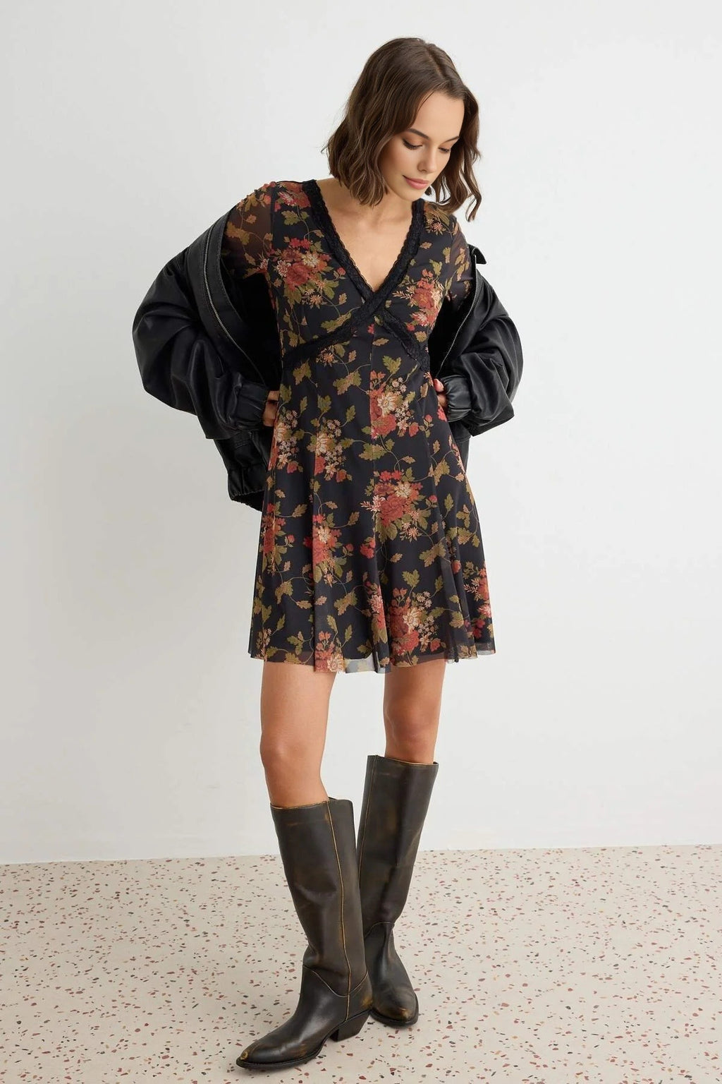 V Neck Long Sleeve A-Line Mini Dress