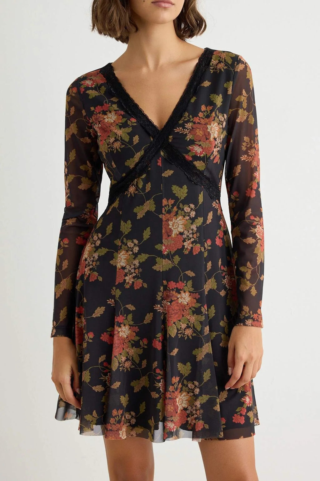 V Neck Long Sleeve A-Line Mini Dress