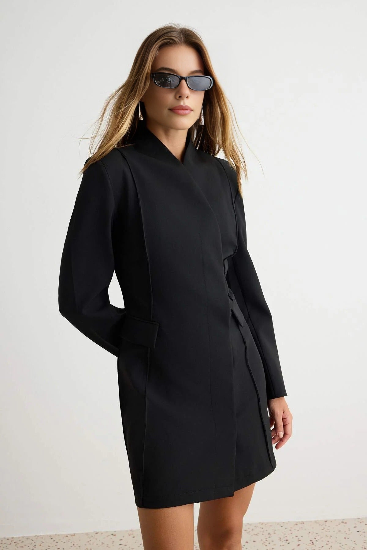 Long Sleeve Wrap Front Pocket Detail A-Line Mini Blazer Dress