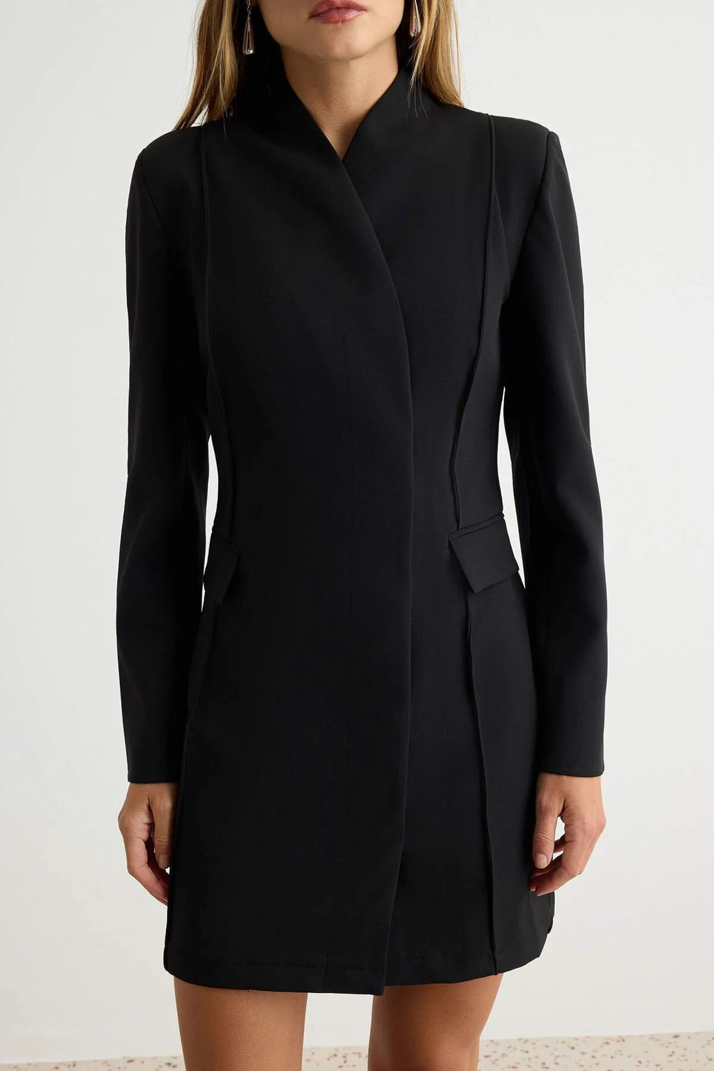 Long Sleeve Wrap Front Pocket Detail A-Line Mini Blazer Dress