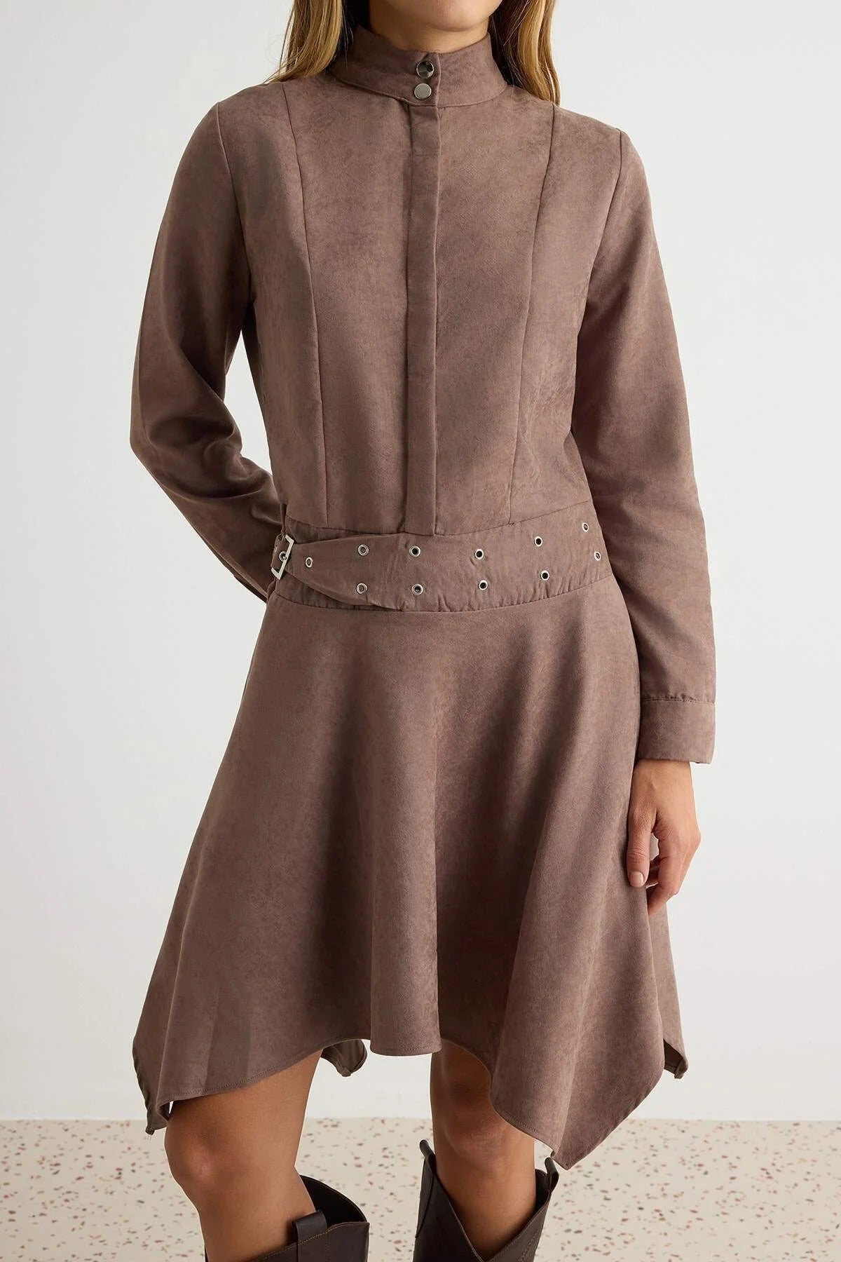 High Neck Long Sleeve Belted Asymmetric Mini Skater Dress