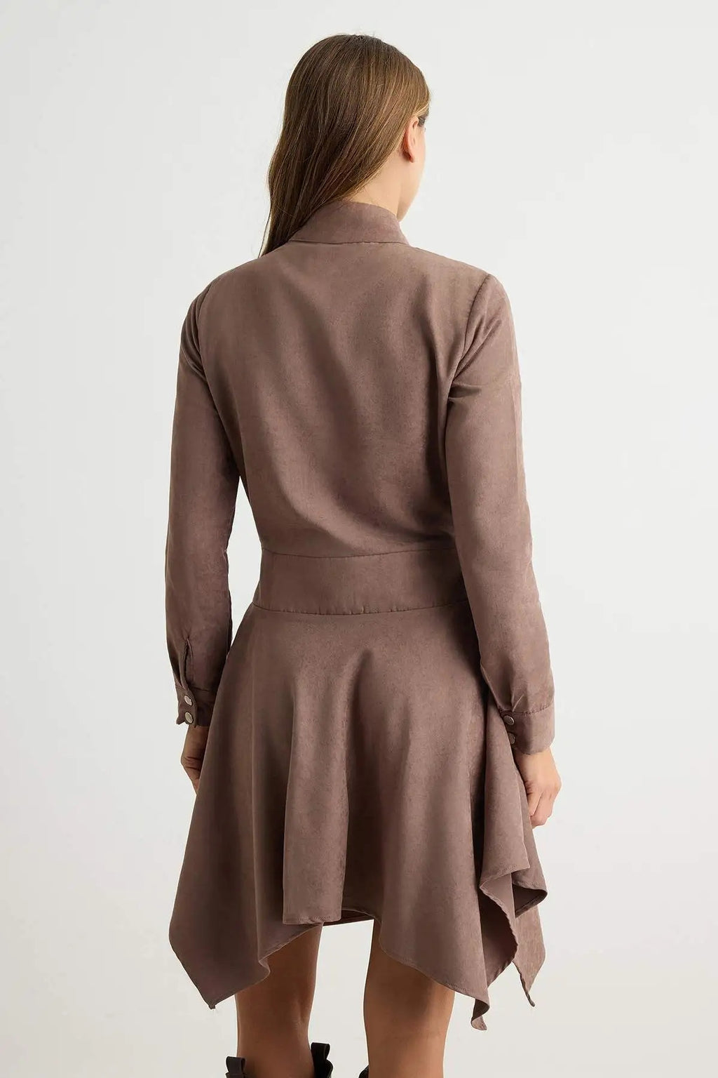 High Neck Long Sleeve Belted Asymmetric Mini Skater Dress