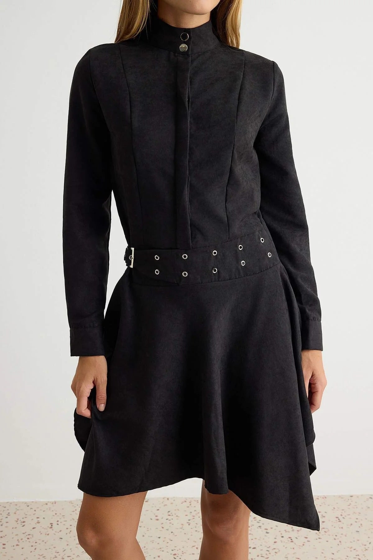 High Neck Long Sleeve Belted Asymmetric Mini Skater Dress
