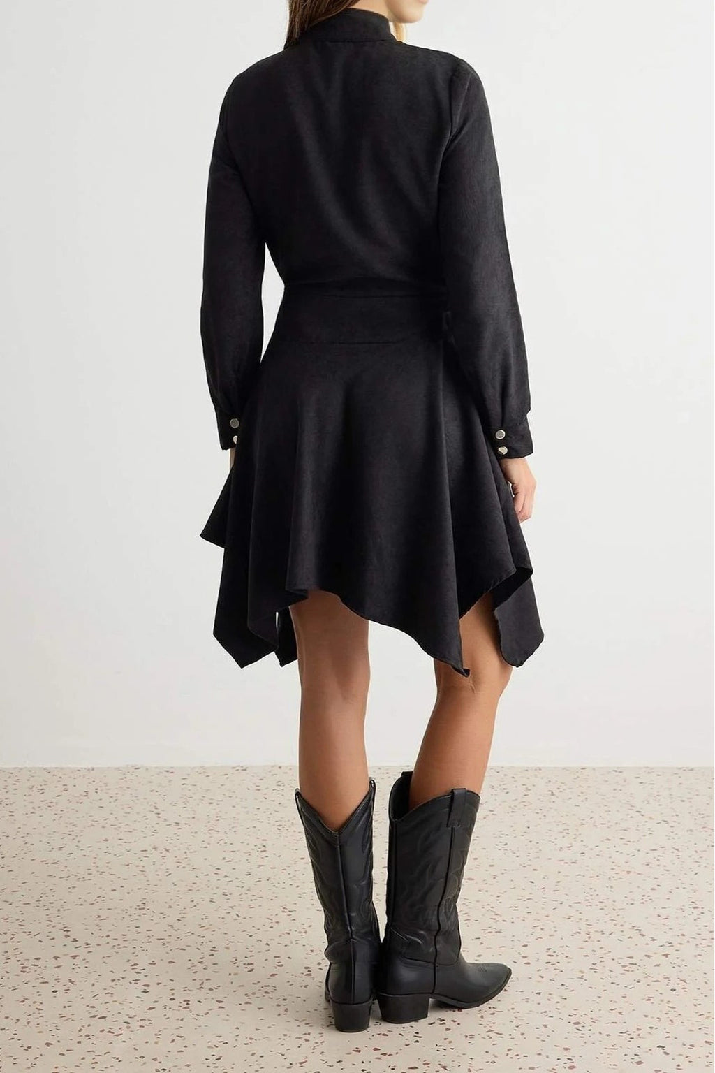 High Neck Long Sleeve Belted Asymmetric Mini Skater Dress