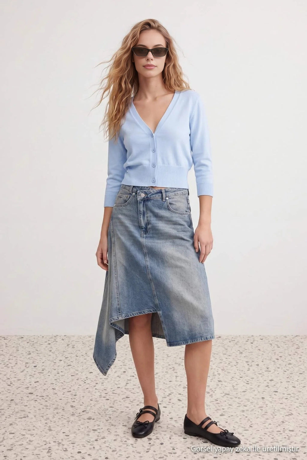 High Waist Asymmetric Midi Denim Skirt