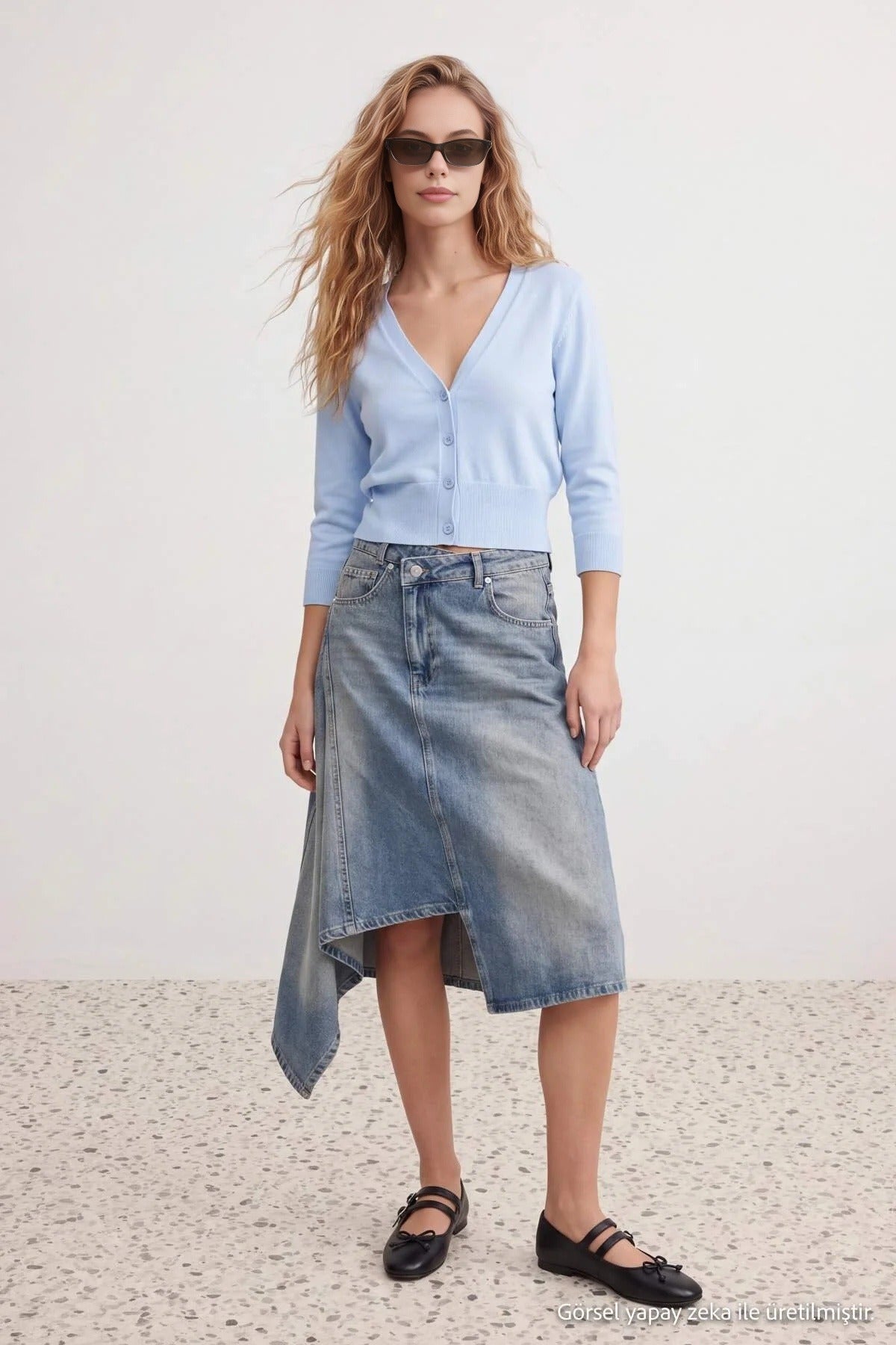 High Waist Asymmetric Midi Denim Skirt