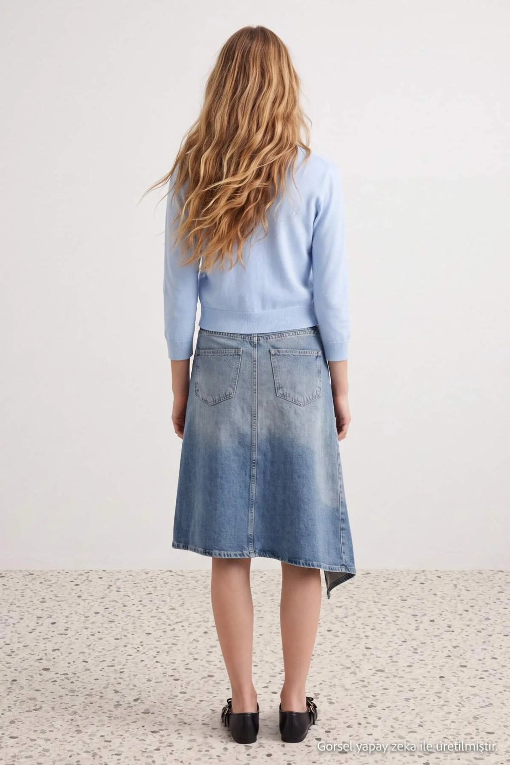 High Waist Asymmetric Midi Denim Skirt
