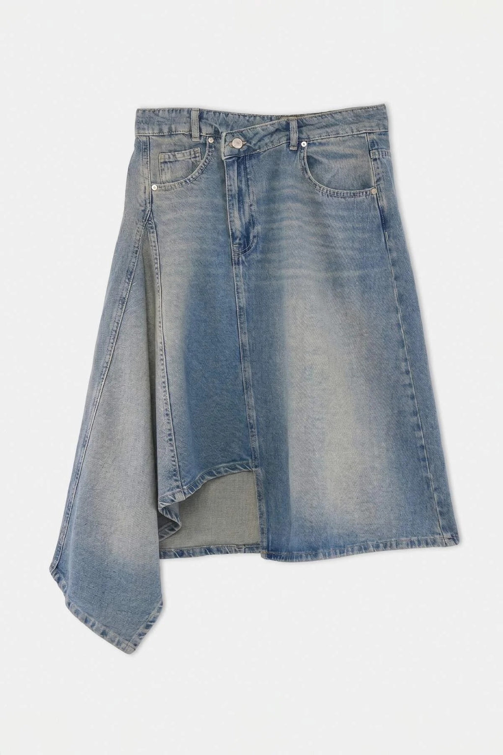 High Waist Asymmetric Midi Denim Skirt
