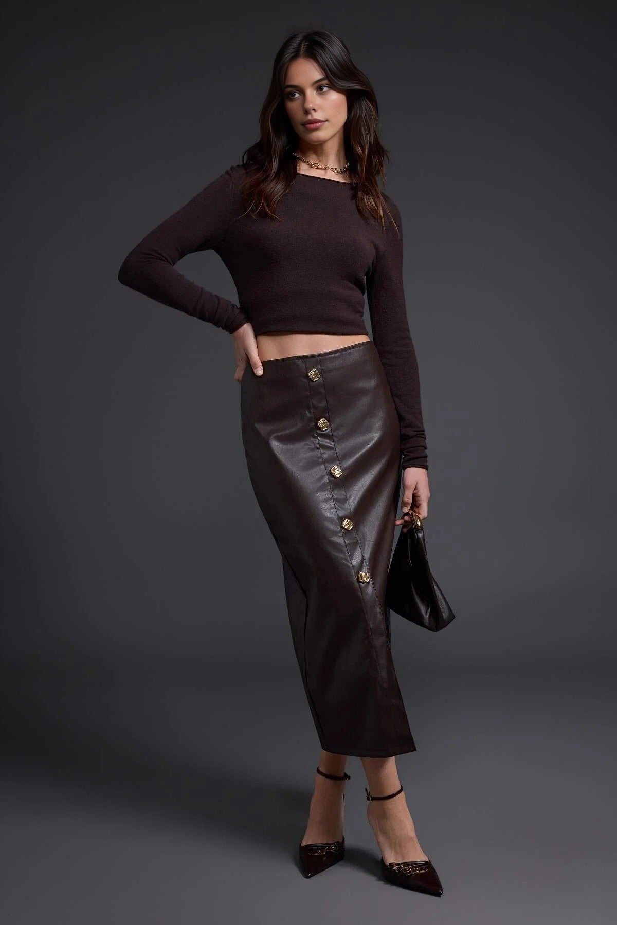 Button Detail Pencil Midi Skirt