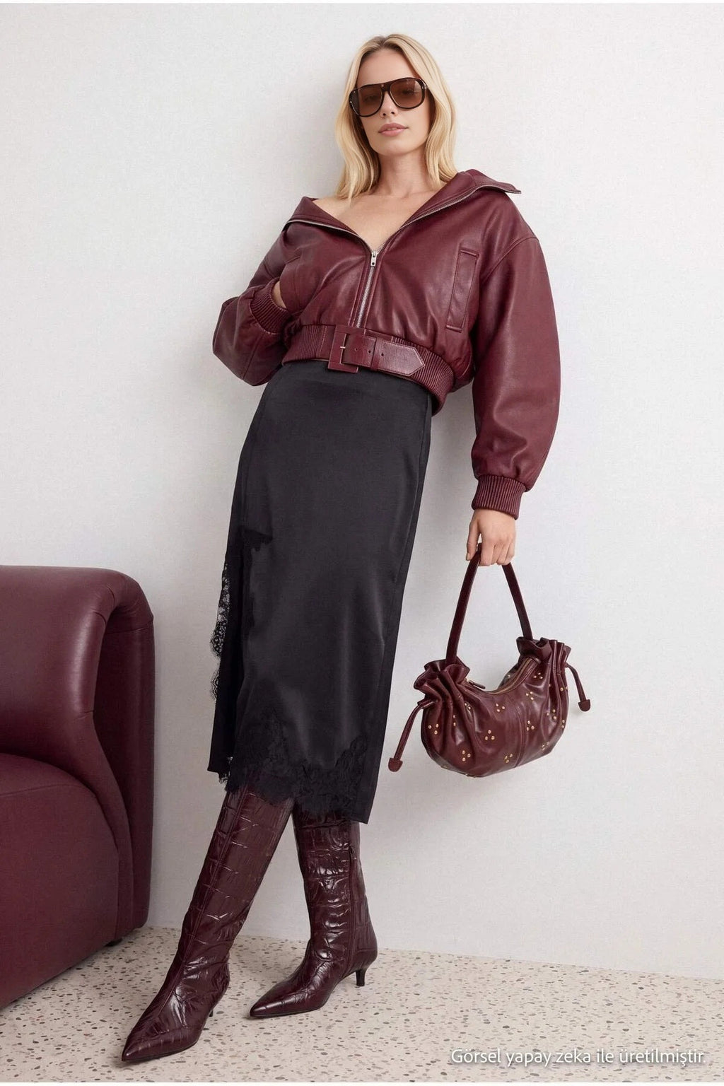 Satin Midi A-Line Lace Detail Skirt