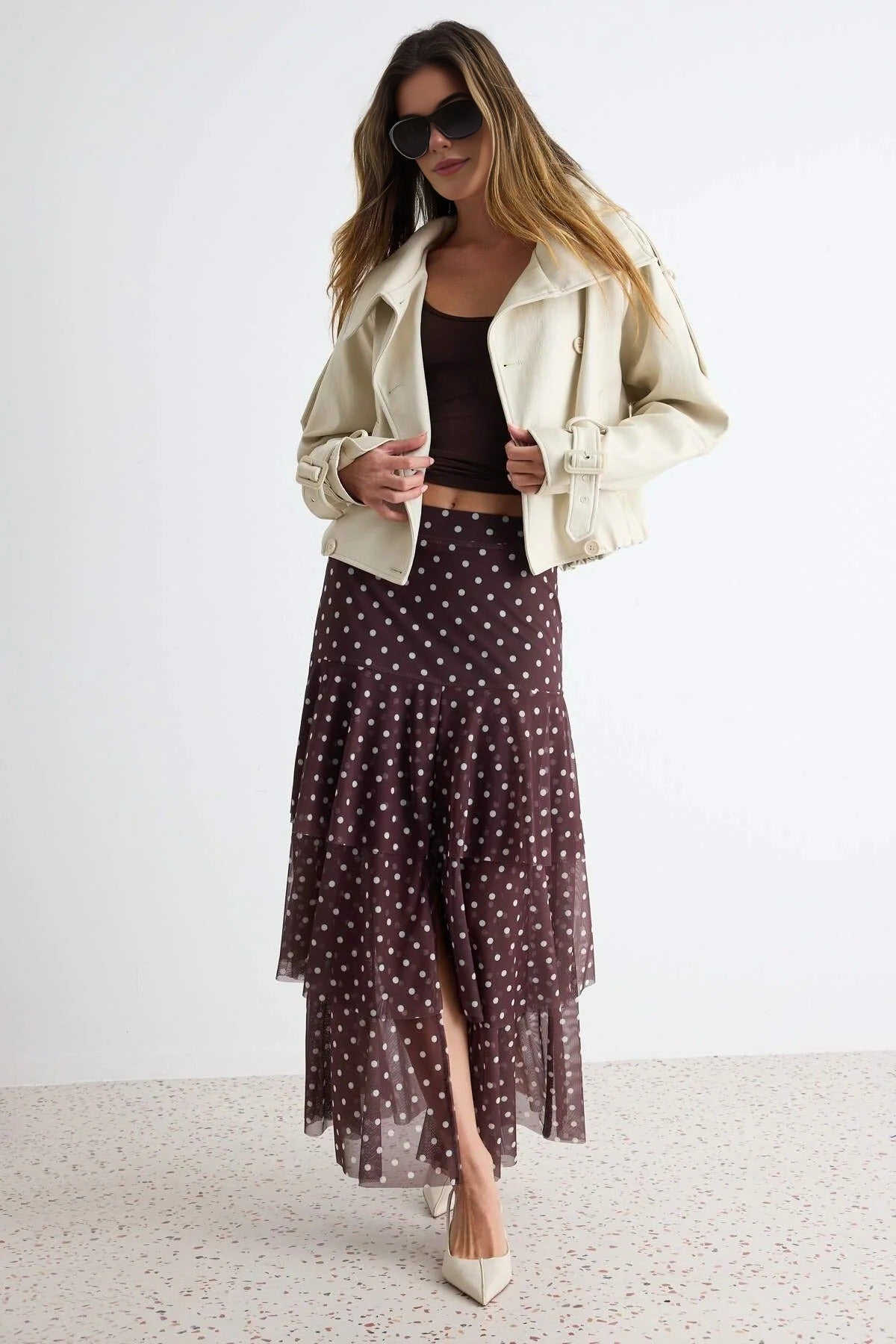 High Waist Ruffle Detail A-Line Maxi Skirt