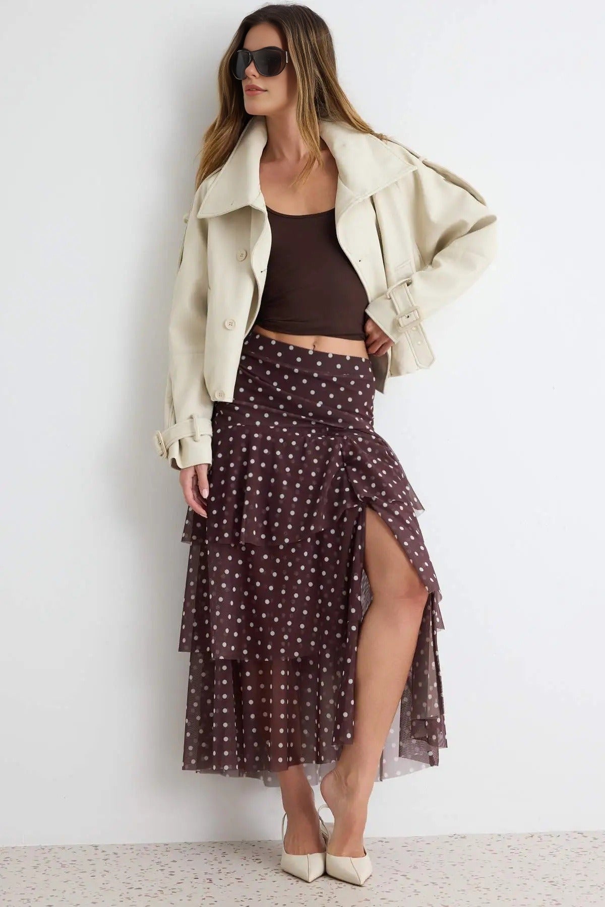 High Waist Ruffle Detail A-Line Maxi Skirt