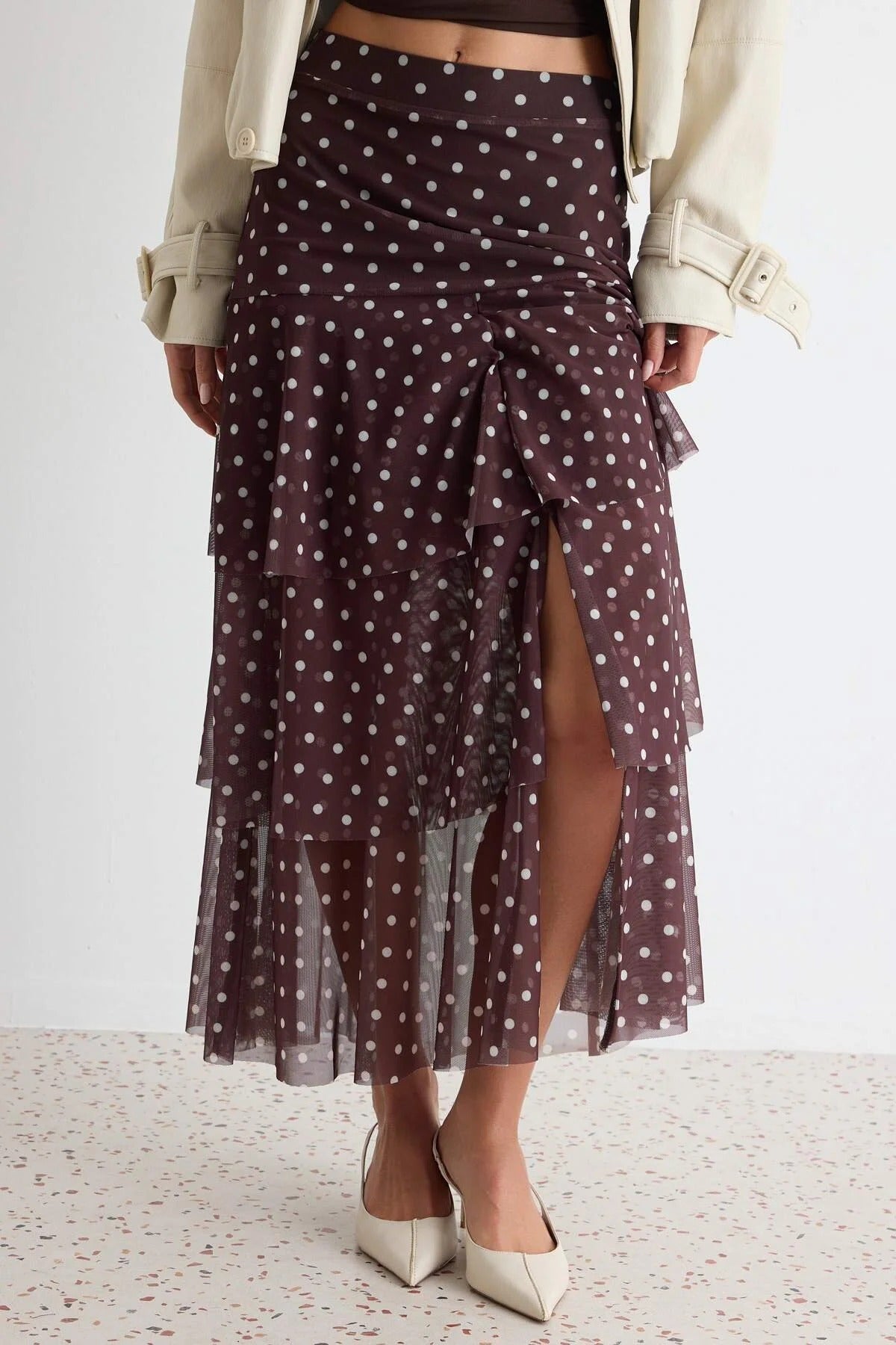 High Waist Ruffle Detail A-Line Maxi Skirt