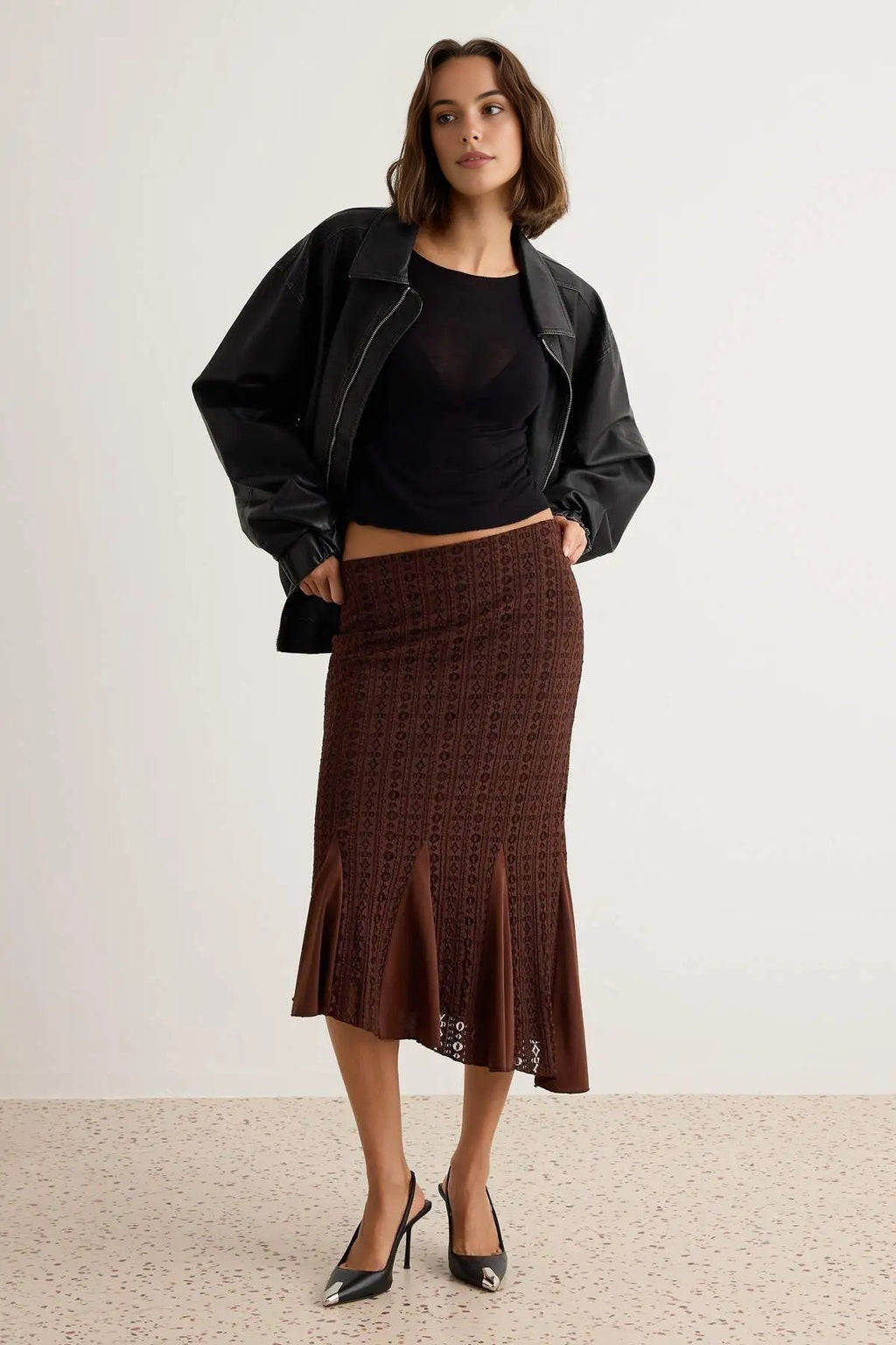 Asymmetric Hem Ruffle Detail Lace Lined Midi Skirt