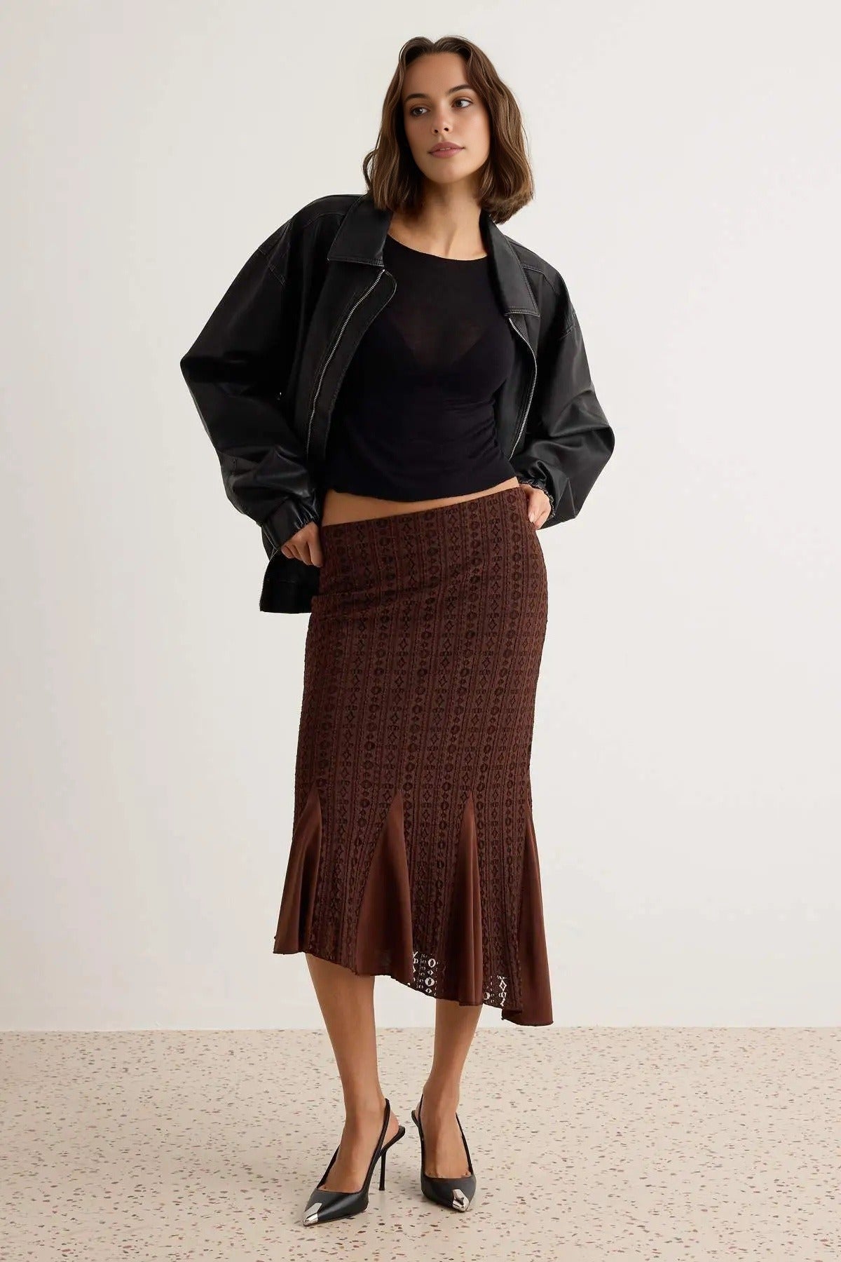 Asymmetric Hem Ruffle Detail Lace Lined Midi Skirt
