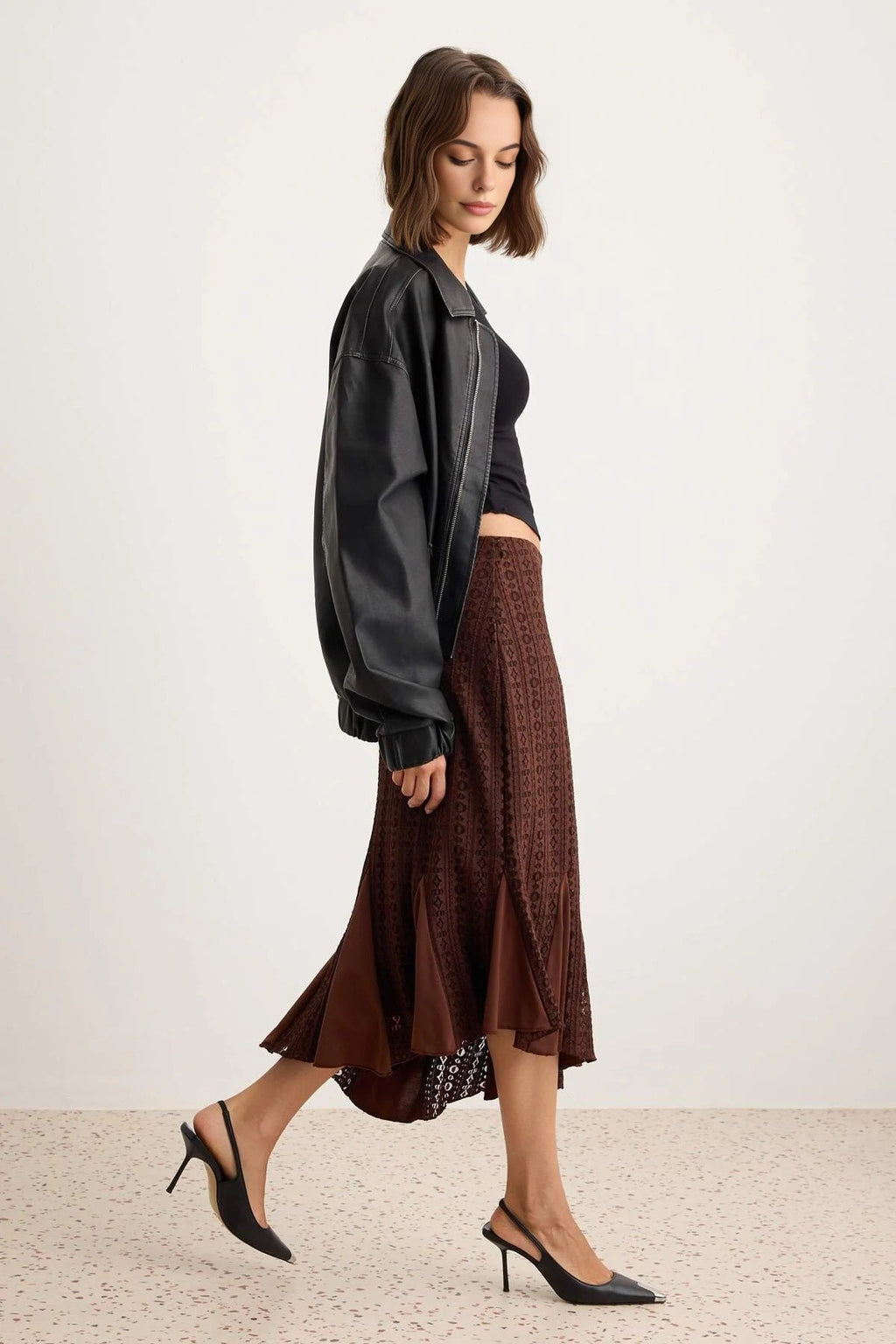 Asymmetric Hem Ruffle Detail Lace Lined Midi Skirt