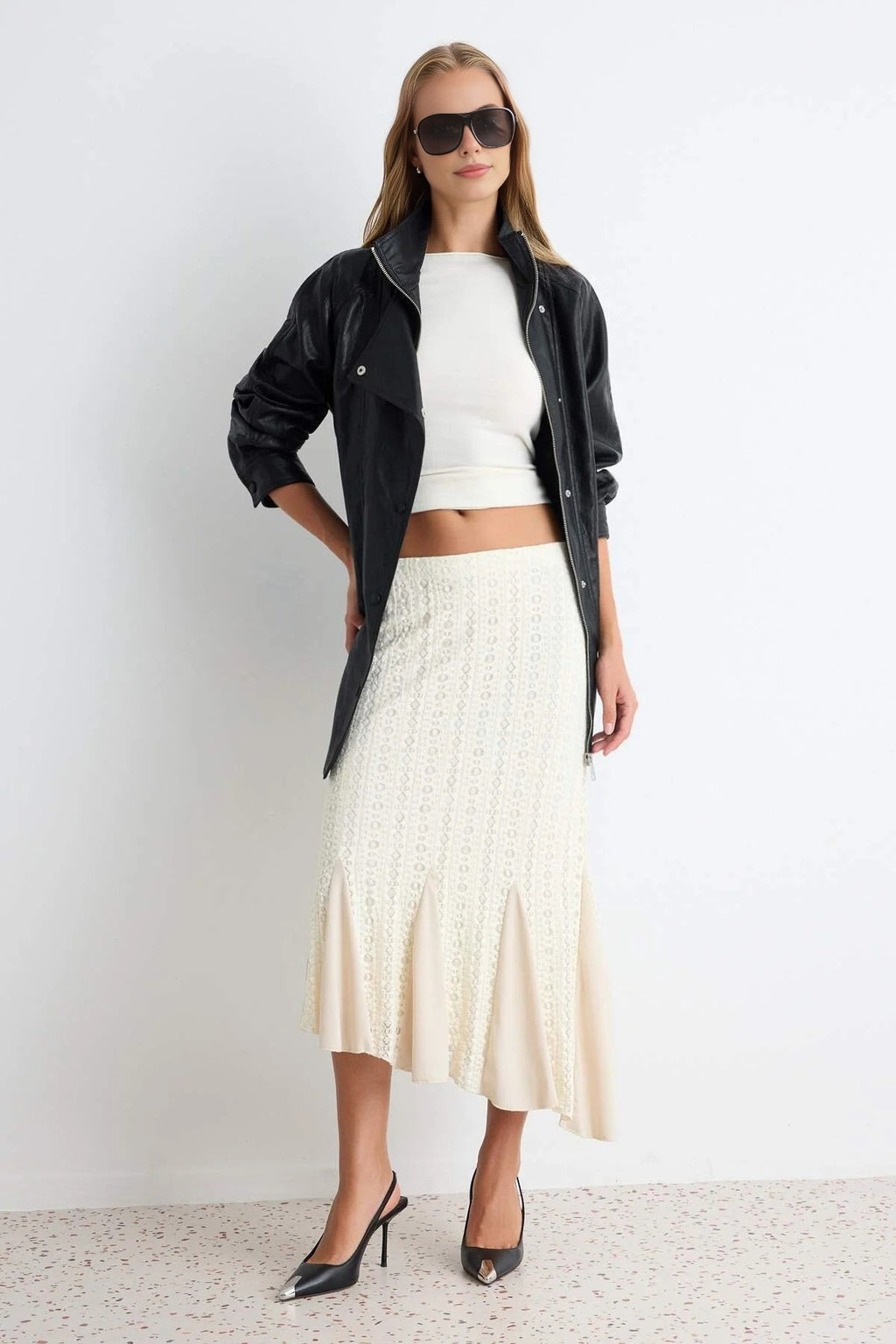 Asymmetric Hem Ruffle Detail Lace Lined Midi Skirt