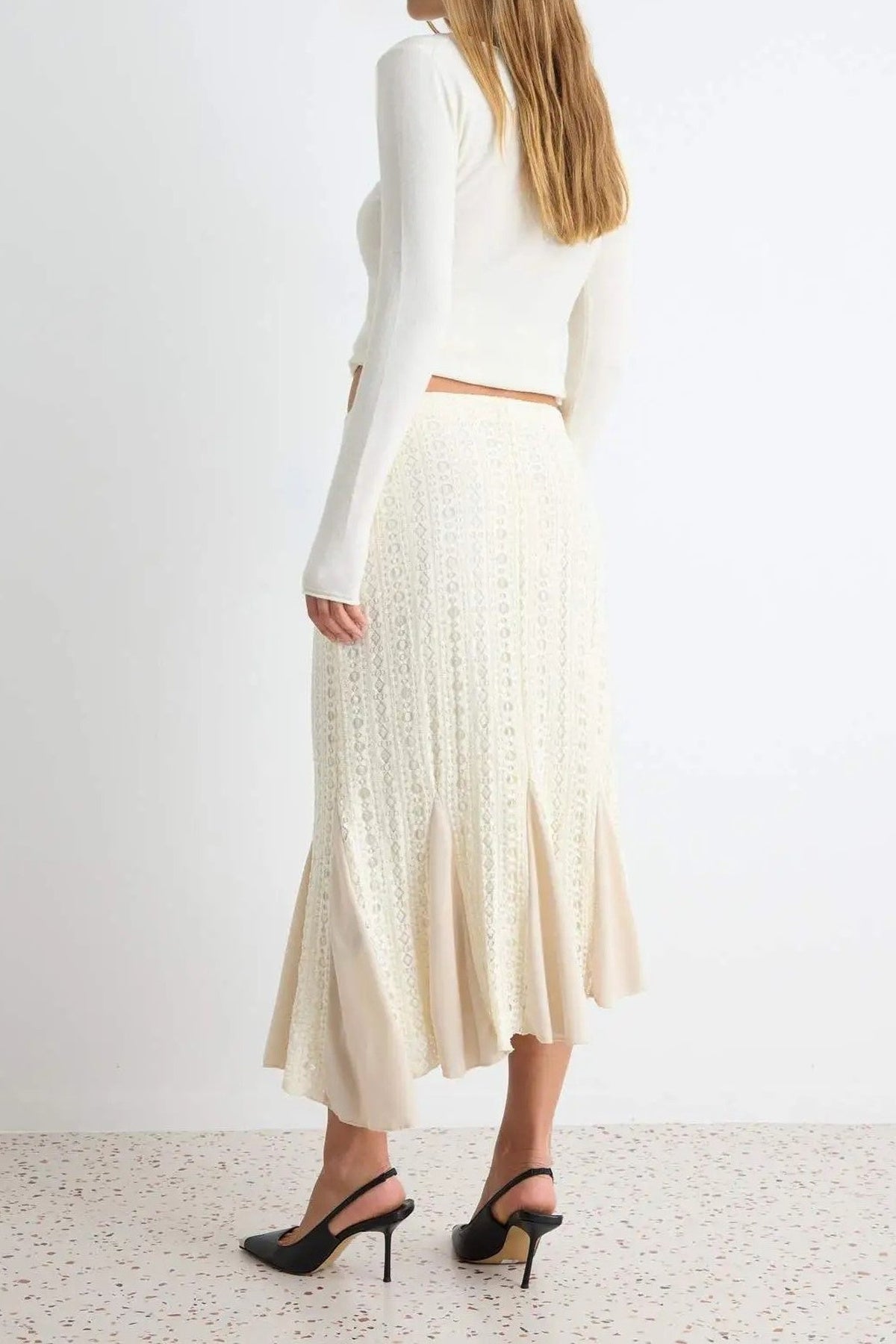 Asymmetric Hem Ruffle Detail Lace Lined Midi Skirt