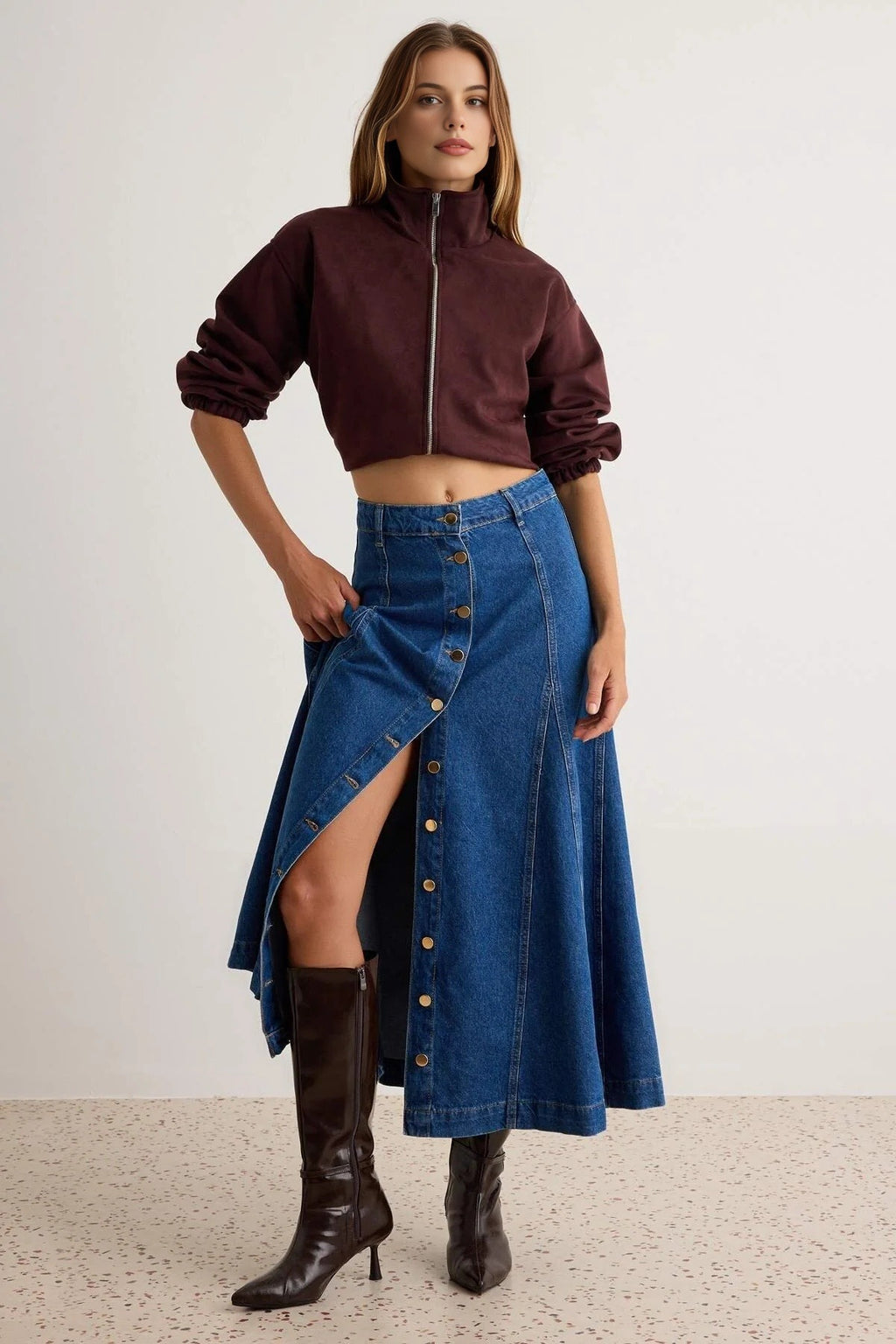 High Waist Button Front Maxi Denim Skirt