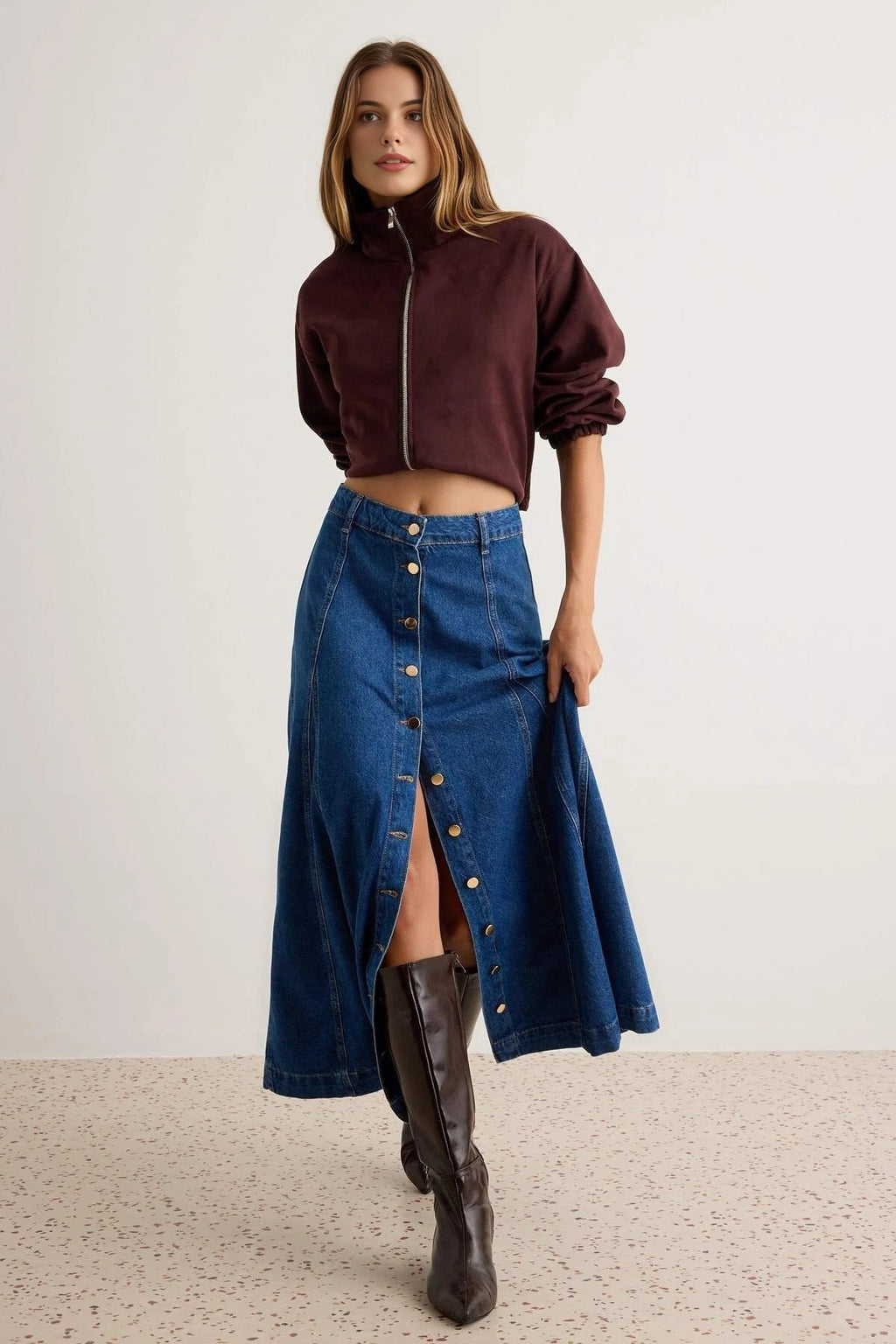 High Waist Button Front Maxi Denim Skirt