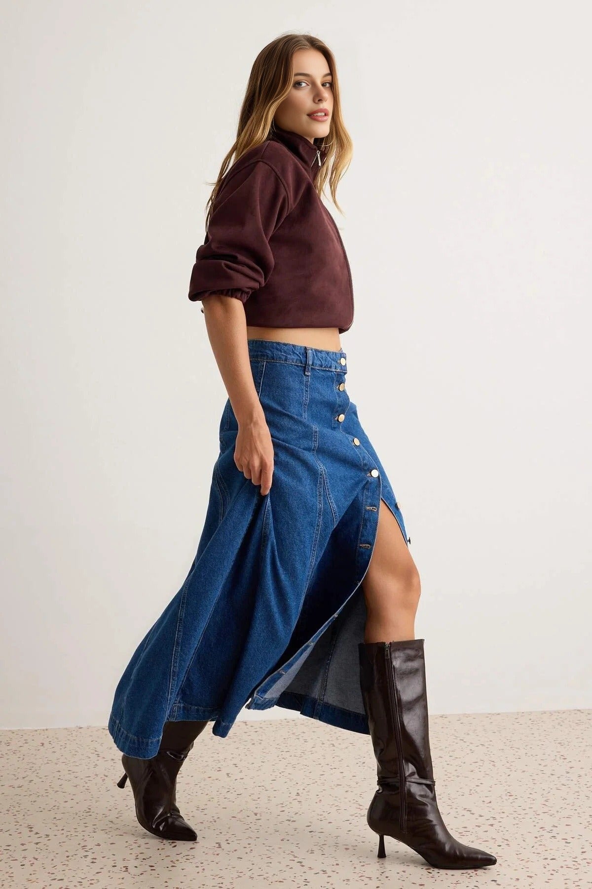 High Waist Button Front Maxi Denim Skirt