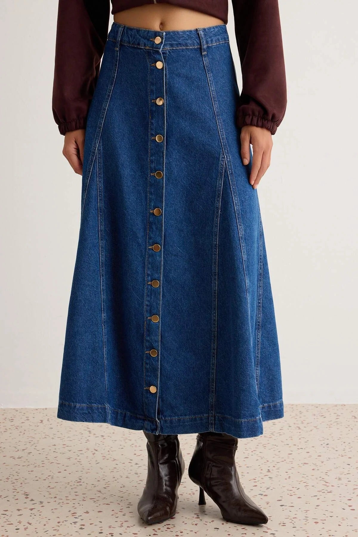 High Waist Button Front Maxi Denim Skirt