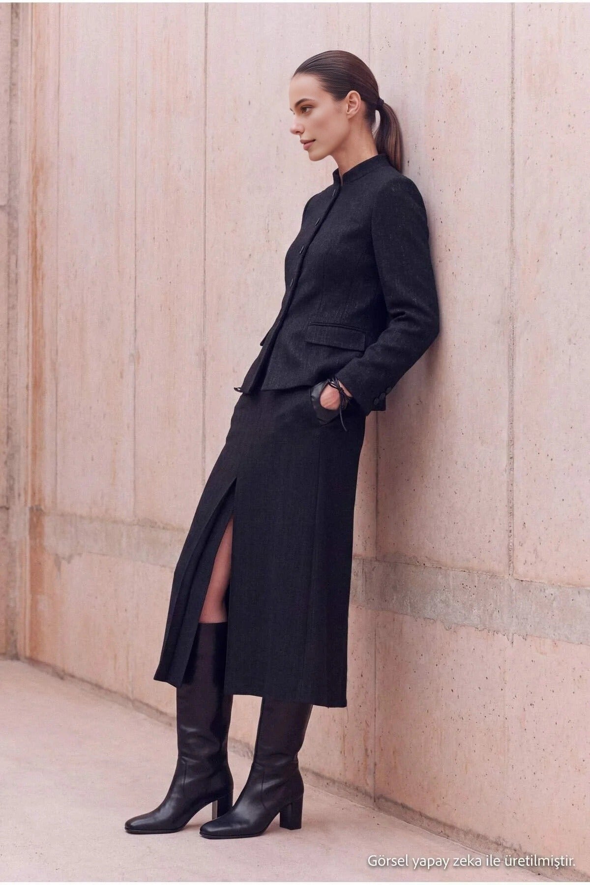 High Waist Midi Pencil Skirt with Front Slit