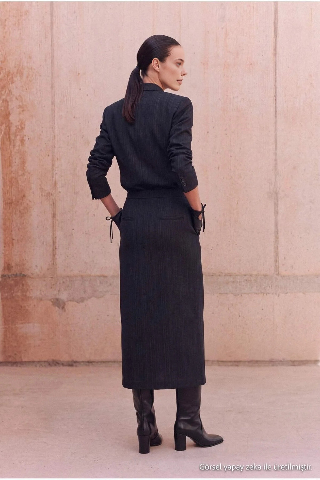 High Waist Midi Pencil Skirt with Front Slit