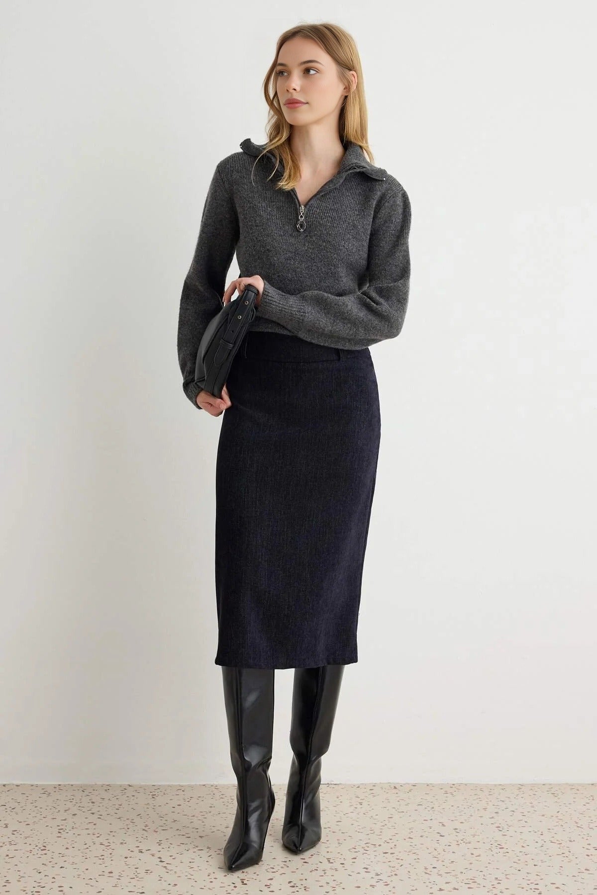Midi Length Velvet Pencil Skirt