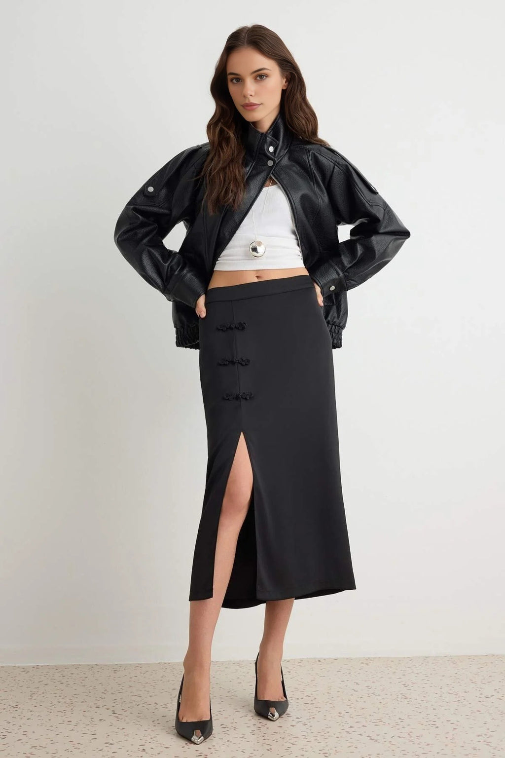 High Waist Slit Detail Midi Skirt
