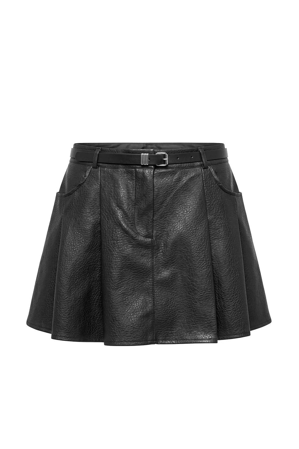 Belted Faux Leather Mini Skirt with Inner Shorts