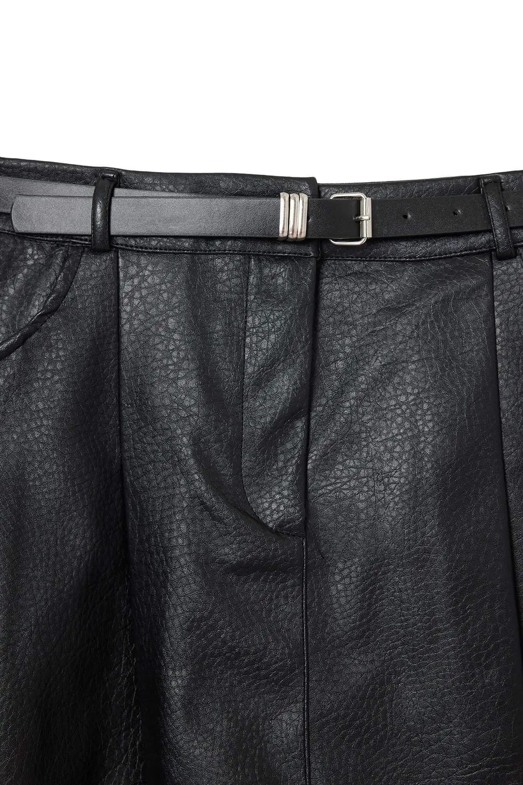 Belted Faux Leather Mini Skirt with Inner Shorts