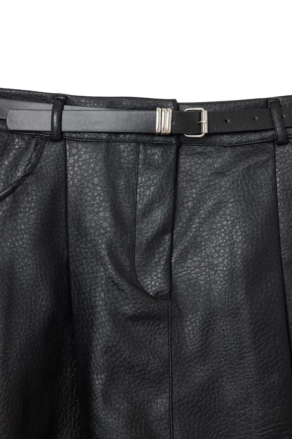 Belted Faux Leather Mini Skirt with Inner Shorts