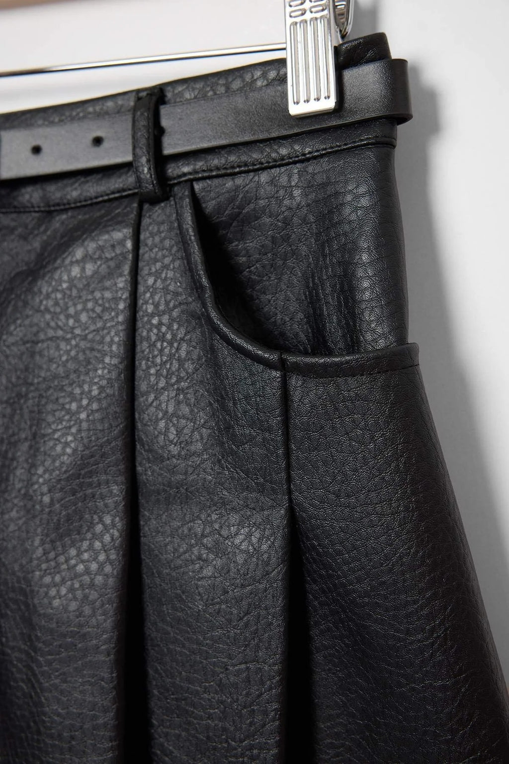 Belted Faux Leather Mini Skirt with Inner Shorts