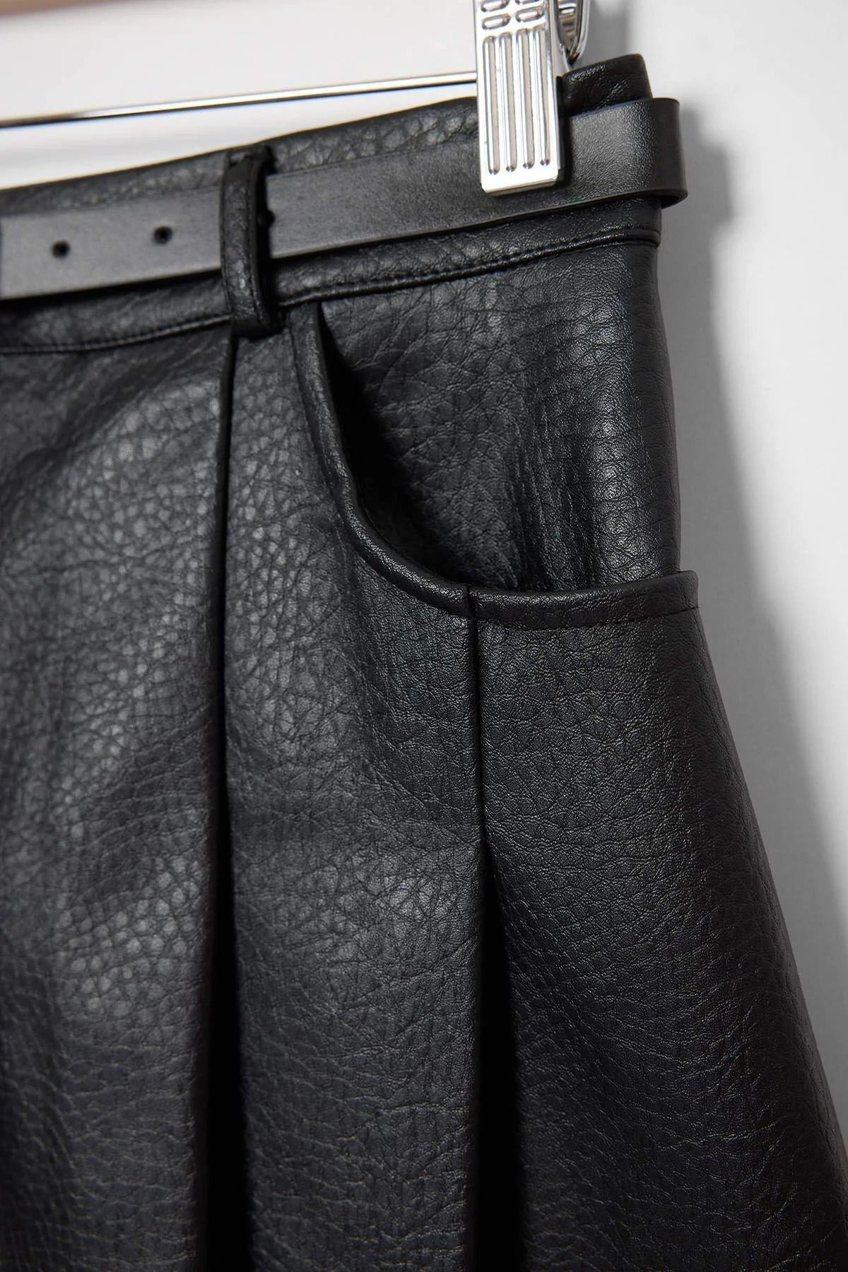 Belted Faux Leather Mini Skirt with Inner Shorts
