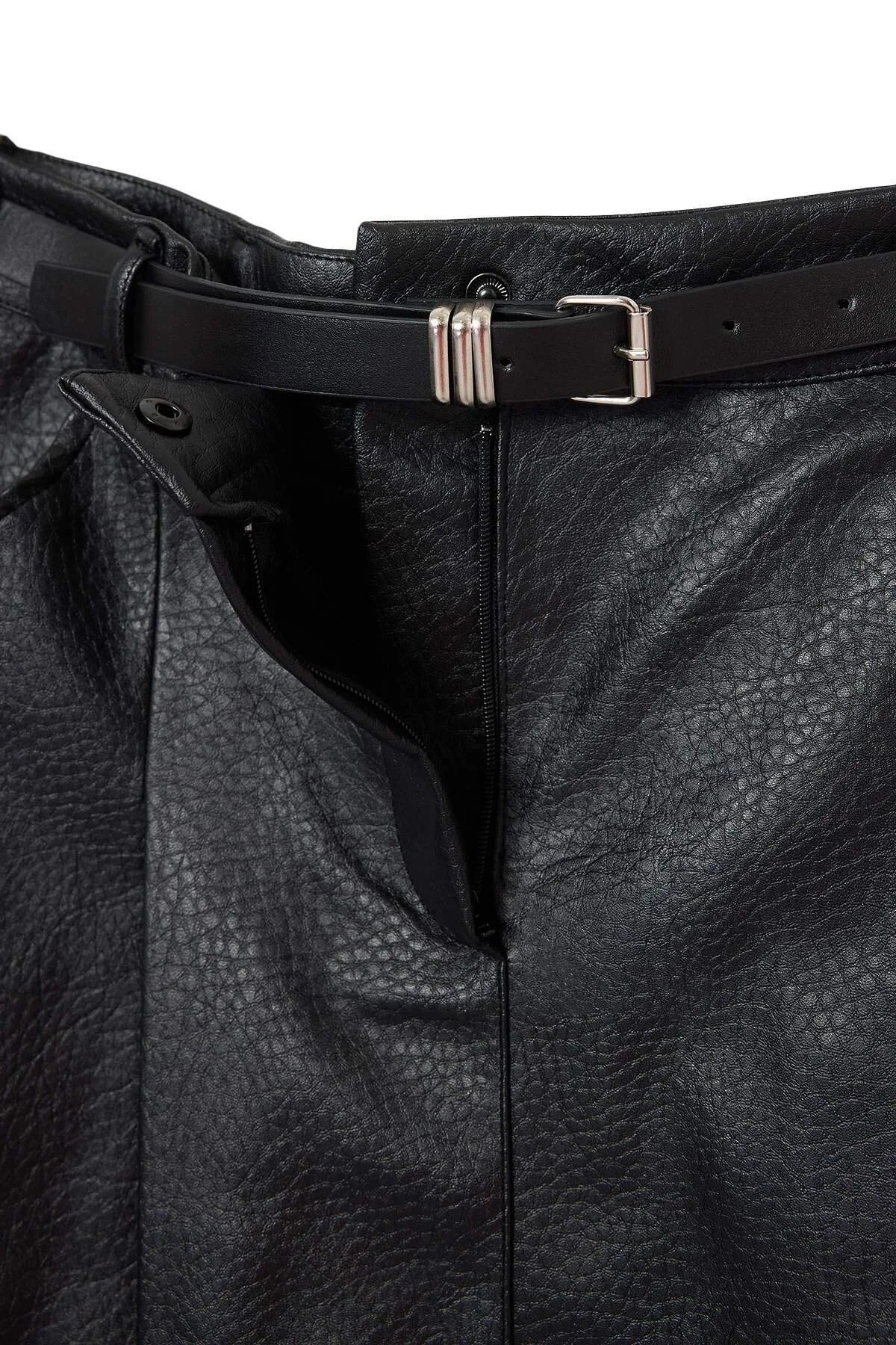 Belted Faux Leather Mini Skirt with Inner Shorts