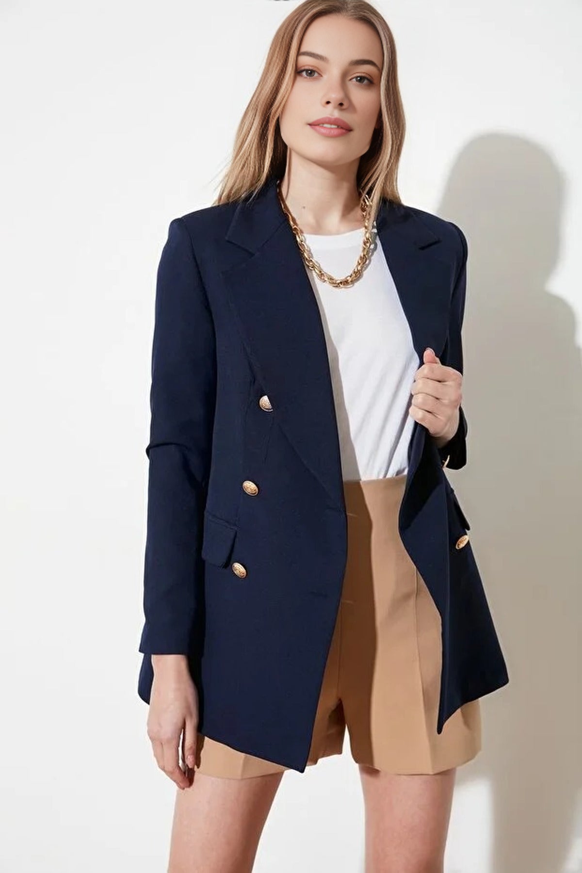 Oversize Lined Double-Breasted Woven Blazer Jacket