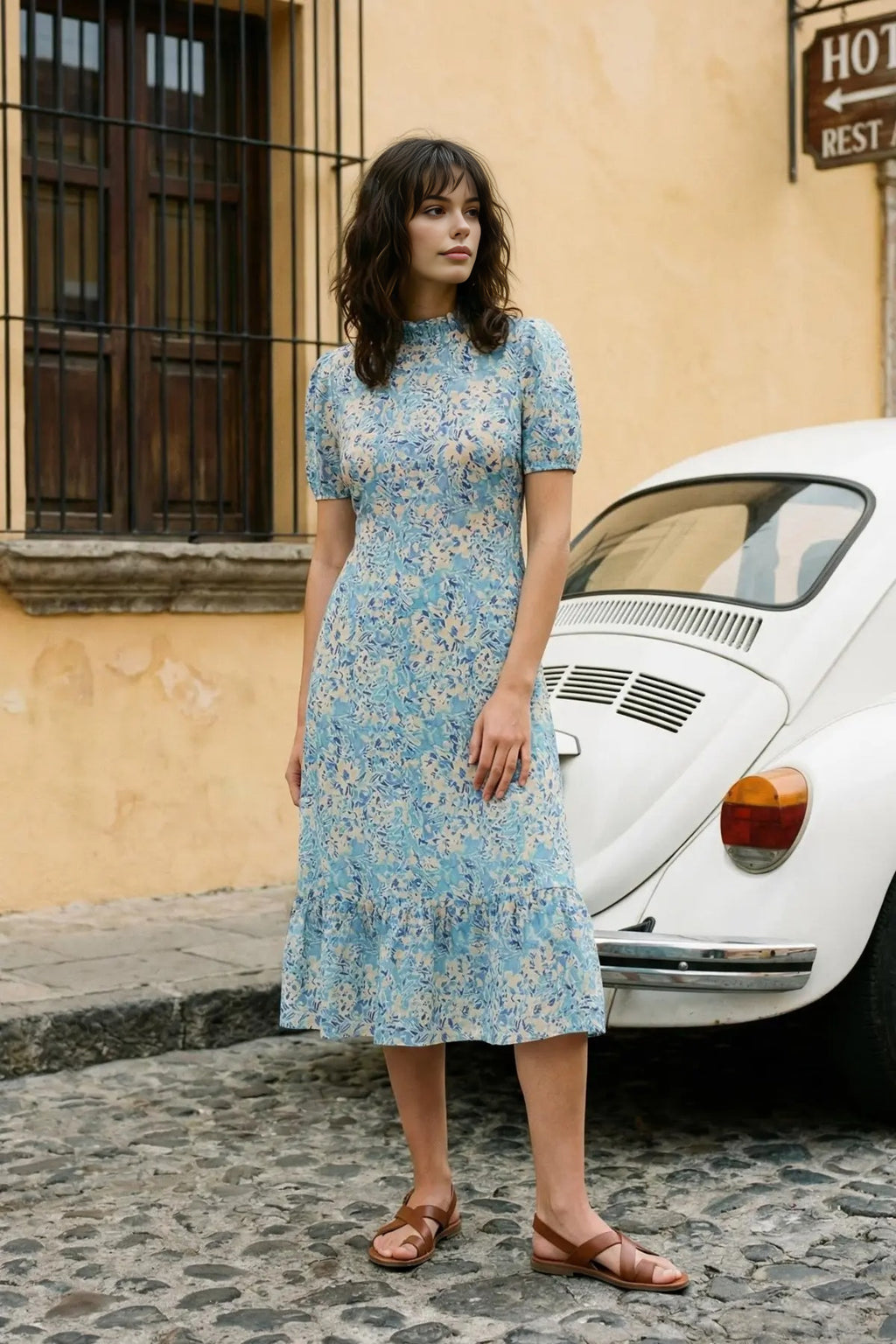 Floral A-Line Ruffled Midi Woven Dress