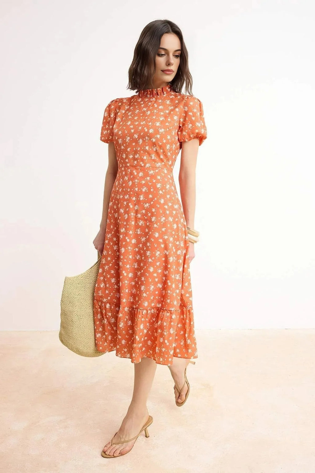 Patterned A-Line Ruffled Lined Midi Woven Dress