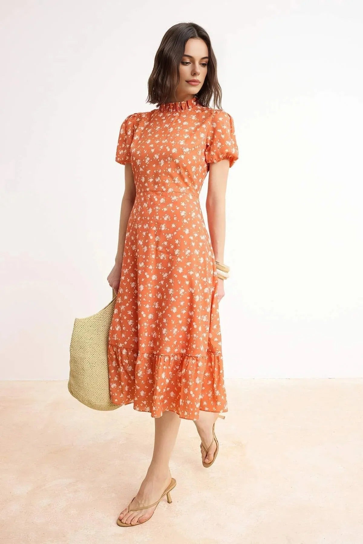 Patterned A-Line Ruffled Lined Midi Woven Dress