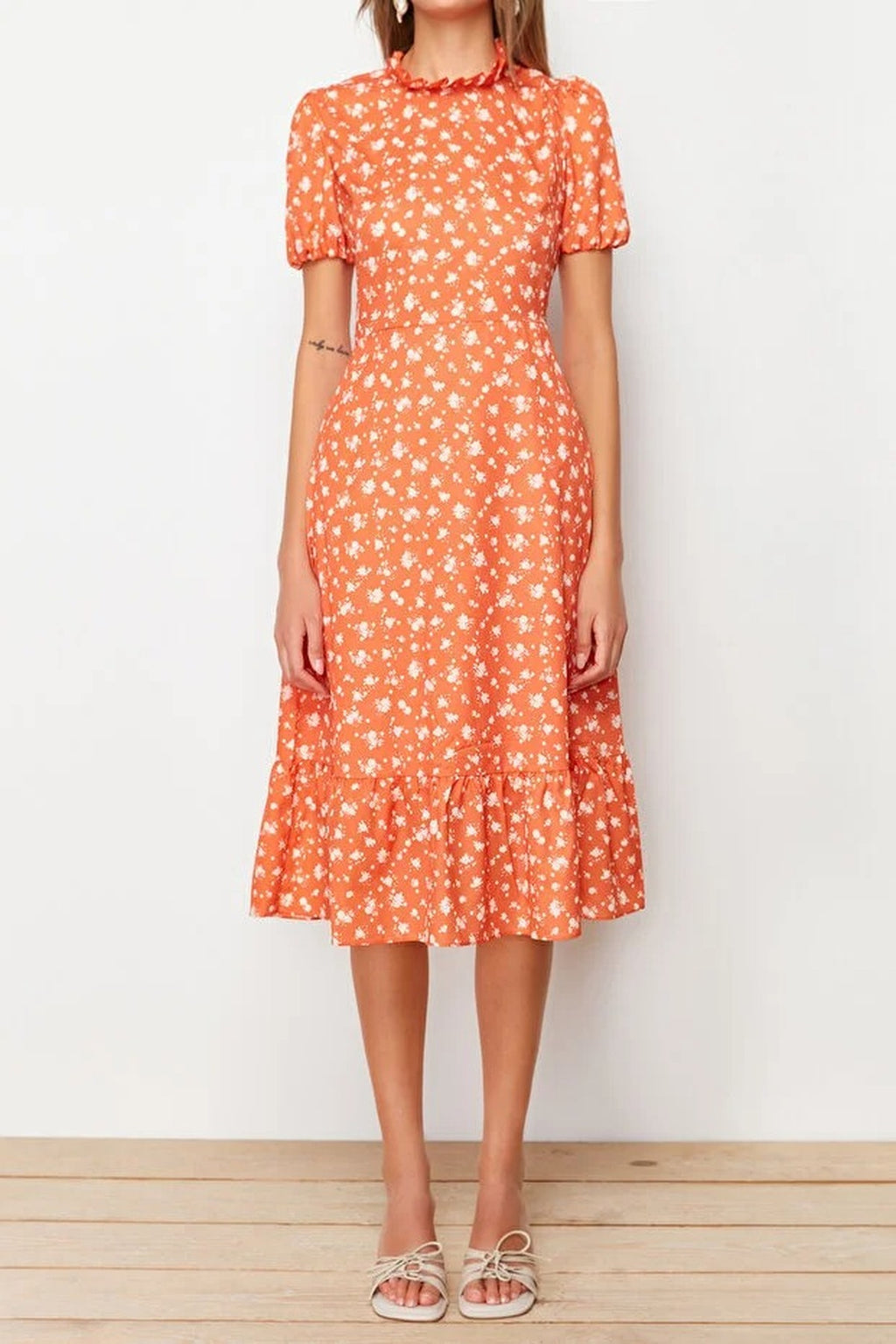 Patterned A-Line Ruffled Lined Midi Woven Dress