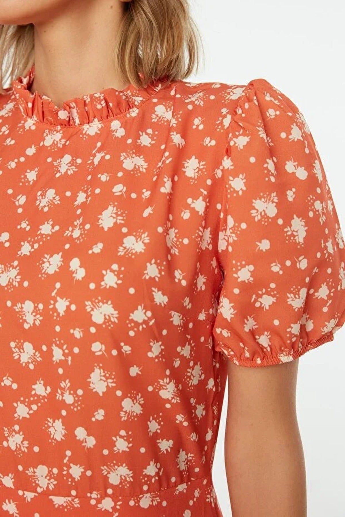 Patterned A-Line Ruffled Lined Midi Woven Dress