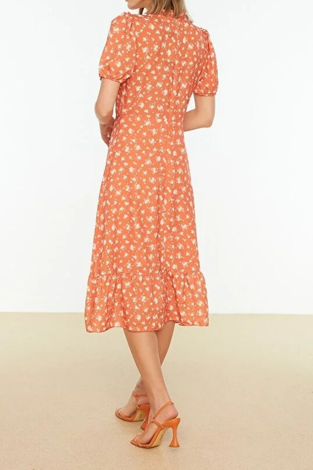 Patterned A-Line Ruffled Lined Midi Woven Dress
