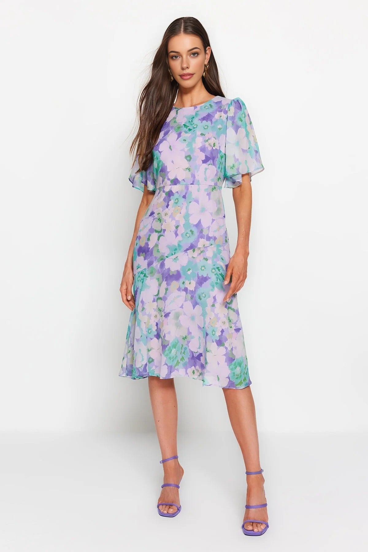 Floral Patterned A-Line Lined Midi Woven Dress