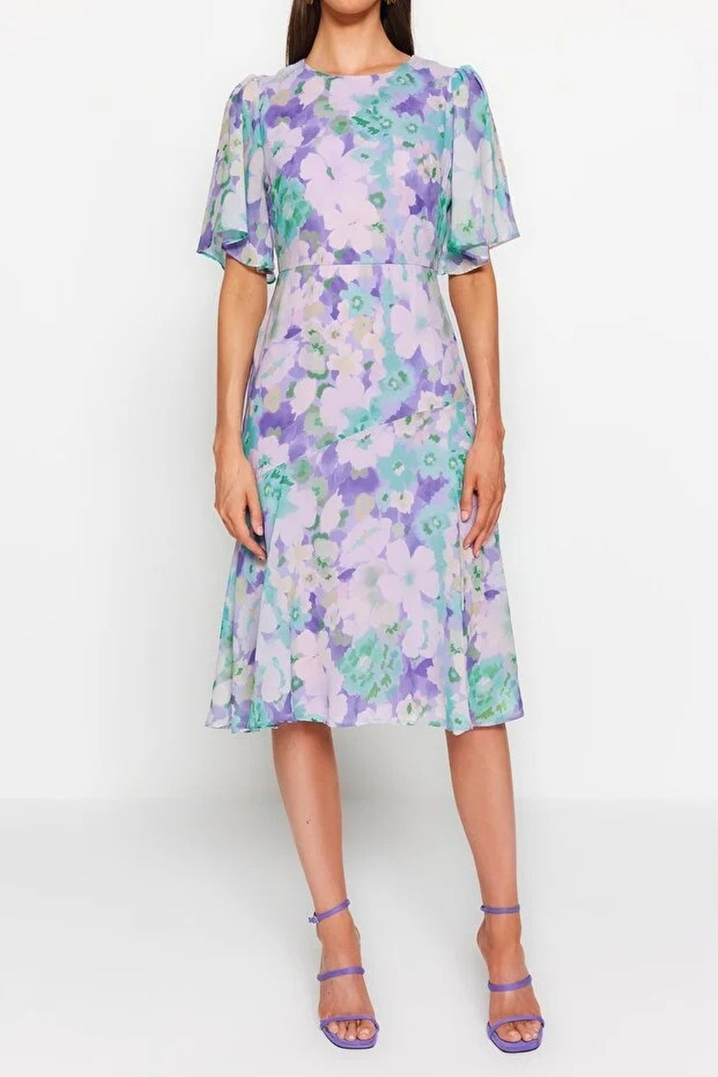 Floral Patterned A-Line Lined Midi Woven Dress