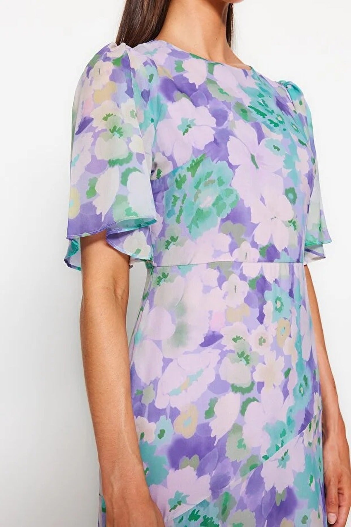 Floral Patterned A-Line Lined Midi Woven Dress