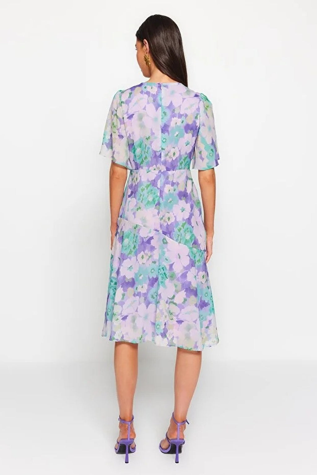 Floral Patterned A-Line Lined Midi Woven Dress