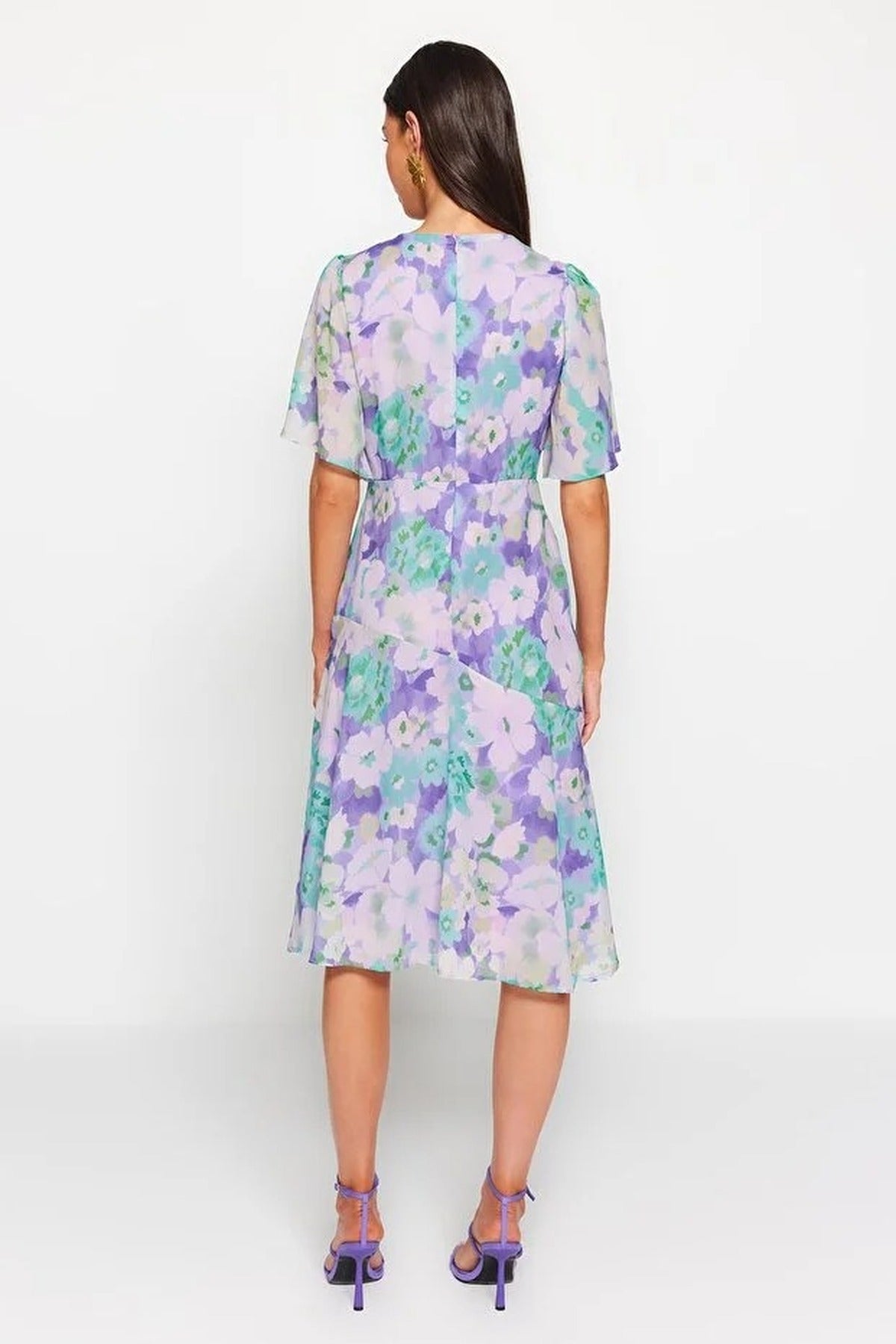 Floral Patterned A-Line Lined Midi Woven Dress