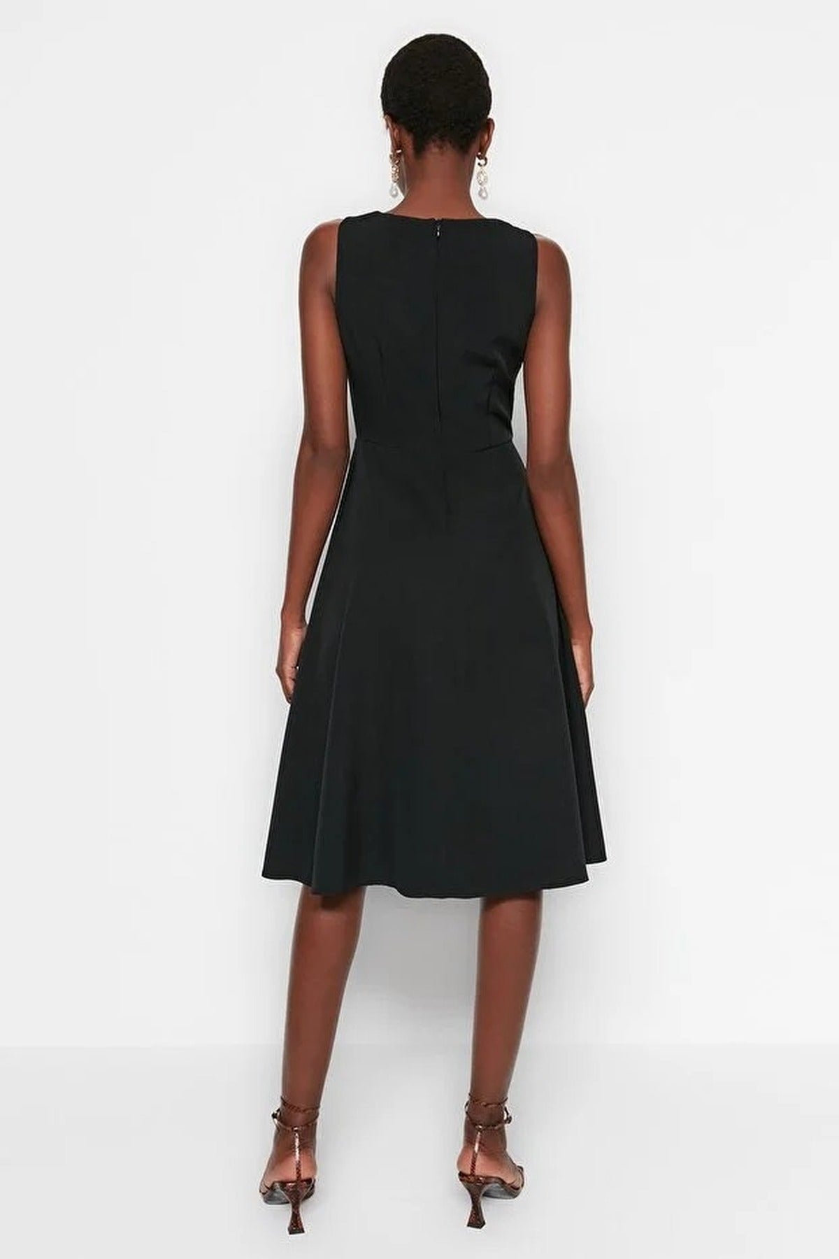 High Neck Sleeveless Pleated Midi Dress