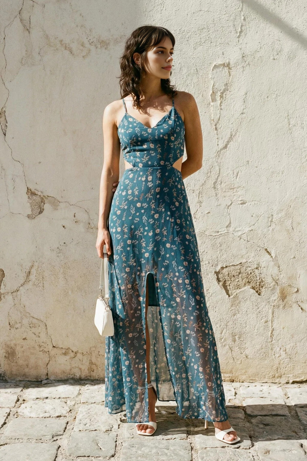 A-Line Lined Maxi Dress with Waist Detail and Floral Pattern